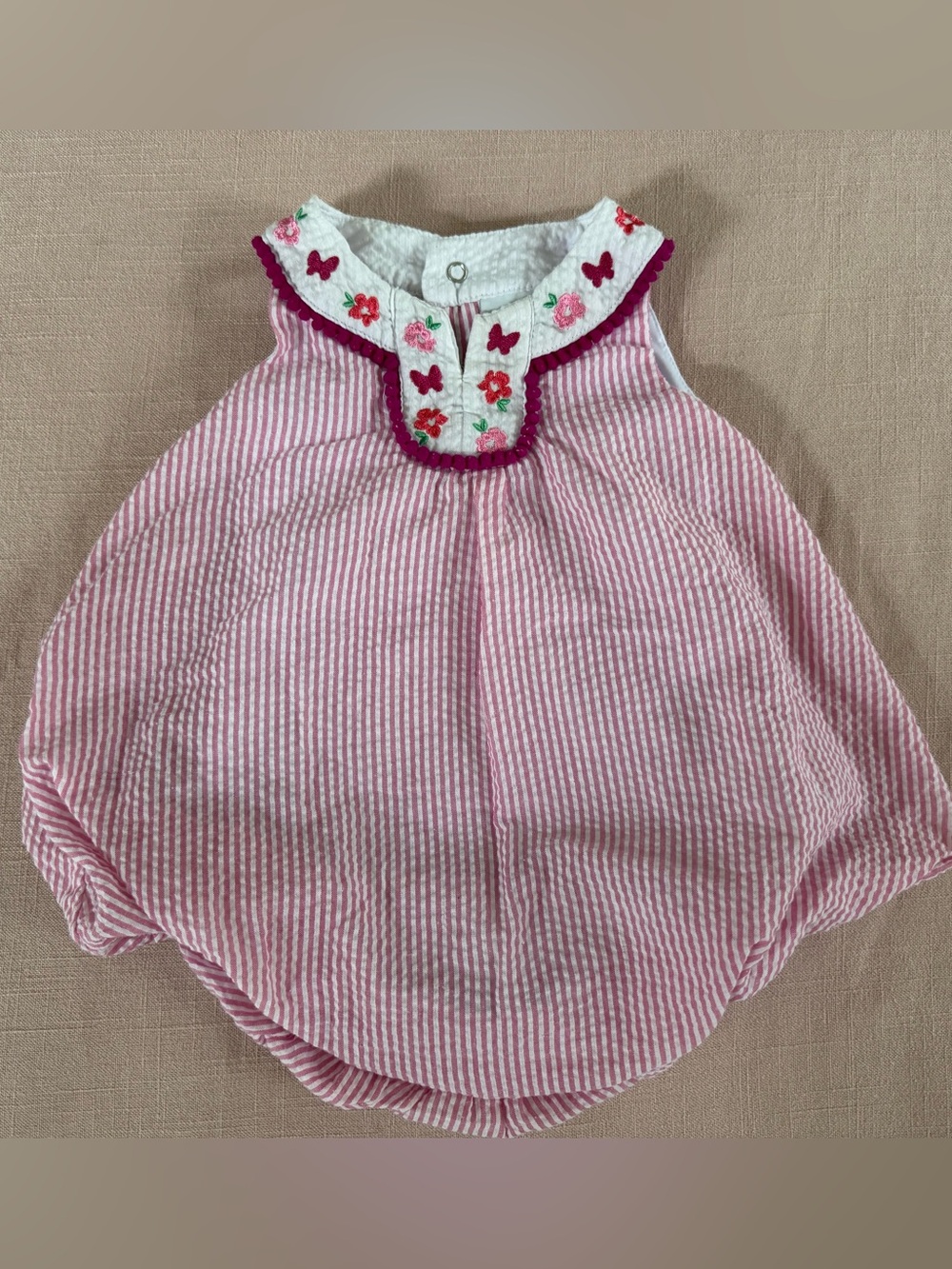 Crown and Ivy baby girl pink seersucker Striped Baby bubble, Embroidered Collar